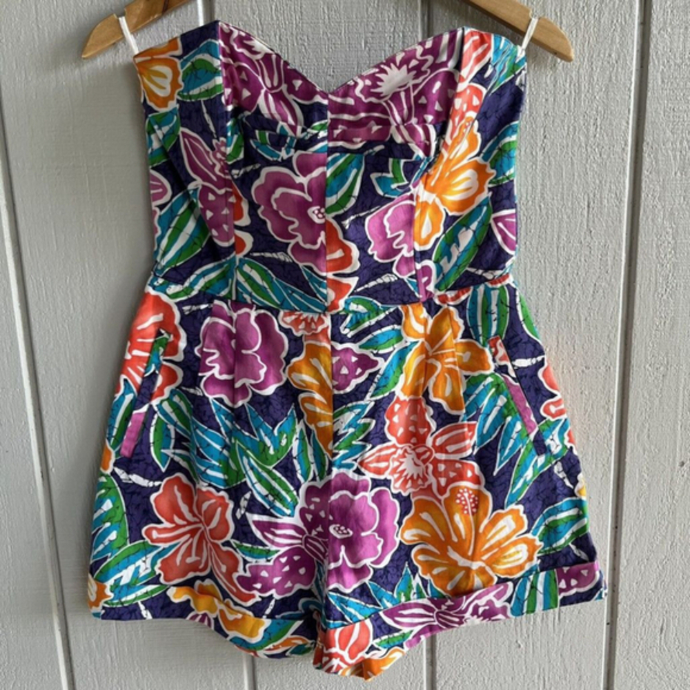 Liz Sport Vintage 1980s Hawaiian Floral Print Strapless Cotton Romper‎ Size 12